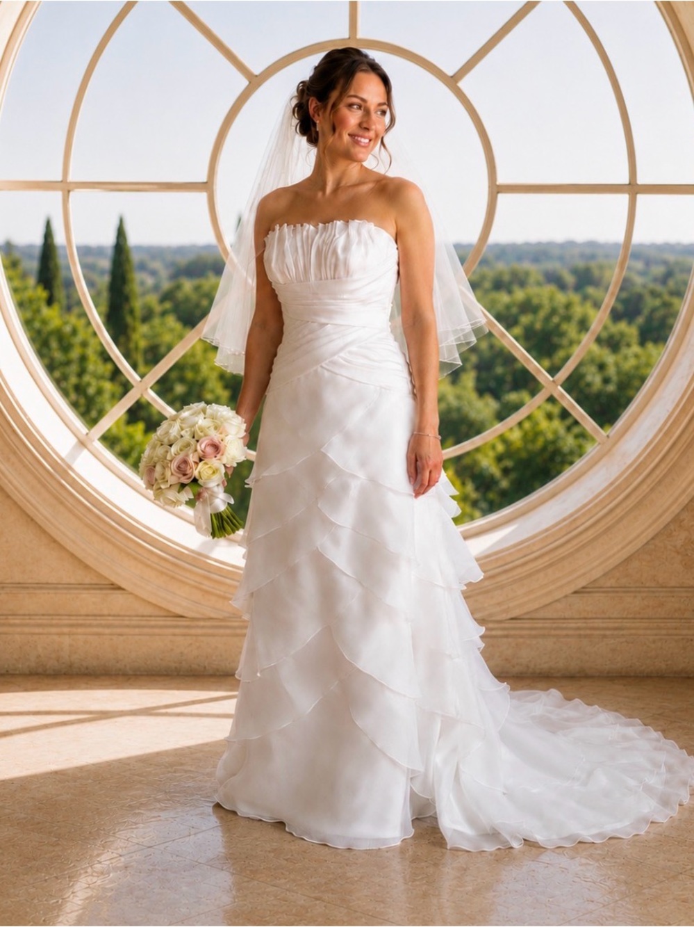 Alfred Angelo Strapless White Layered Wedding Gown